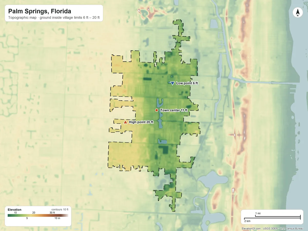 Topographic elevation map of Palm Springs, Florida, shaded from 6 ft on the northeast side to 20 ft on the west side