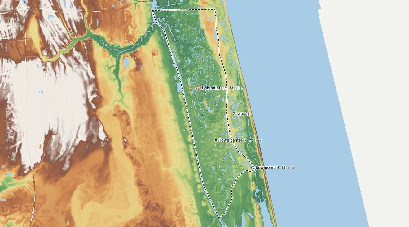 Topographic elevation map of Palm Valley, Florida, shaded from sea level level on the Atlantic Ocean to 35 ft on the north side