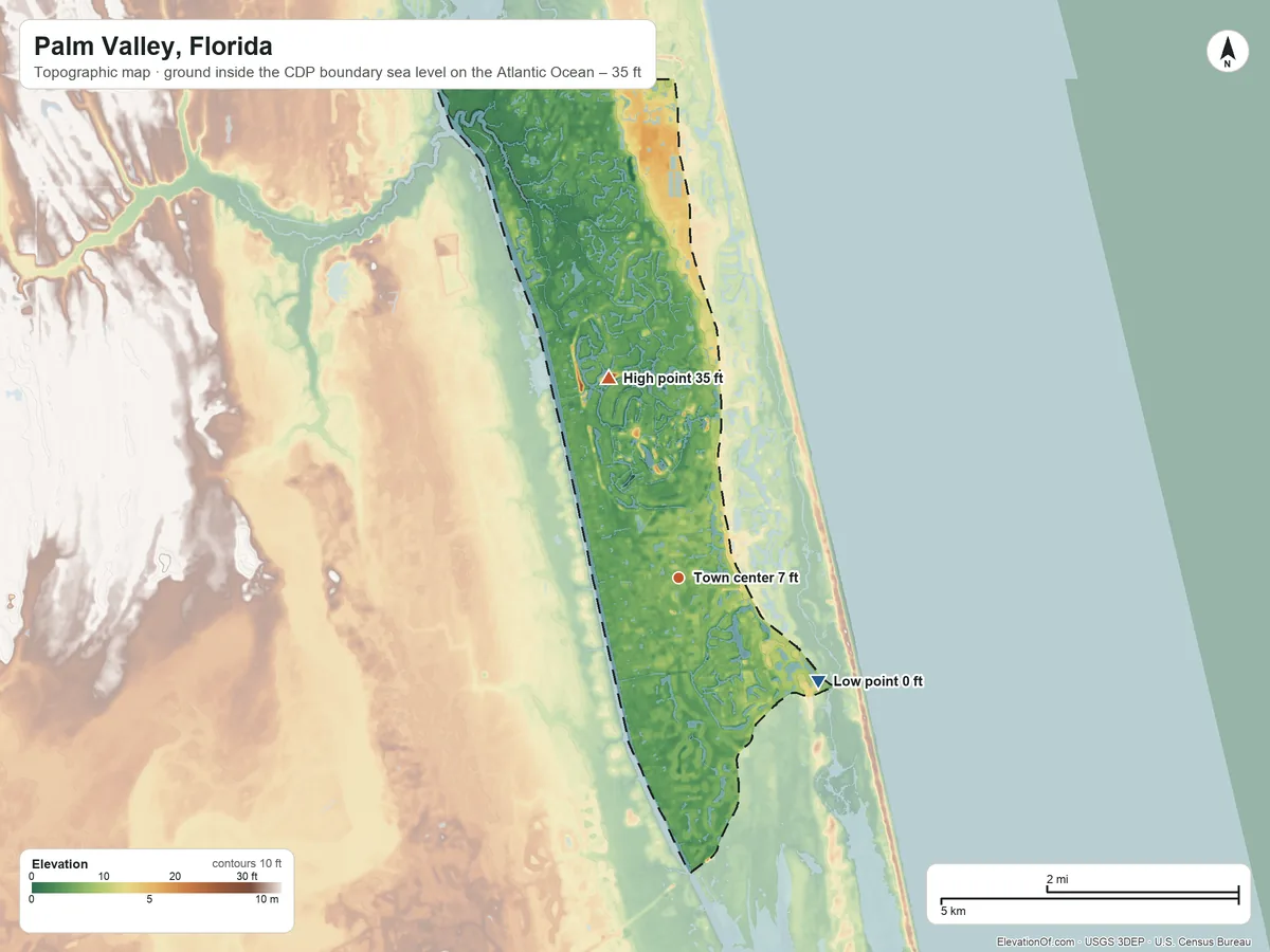 Topographic elevation map of Palm Valley, Florida, shaded from sea level level on the Atlantic Ocean to 35 ft on the north side