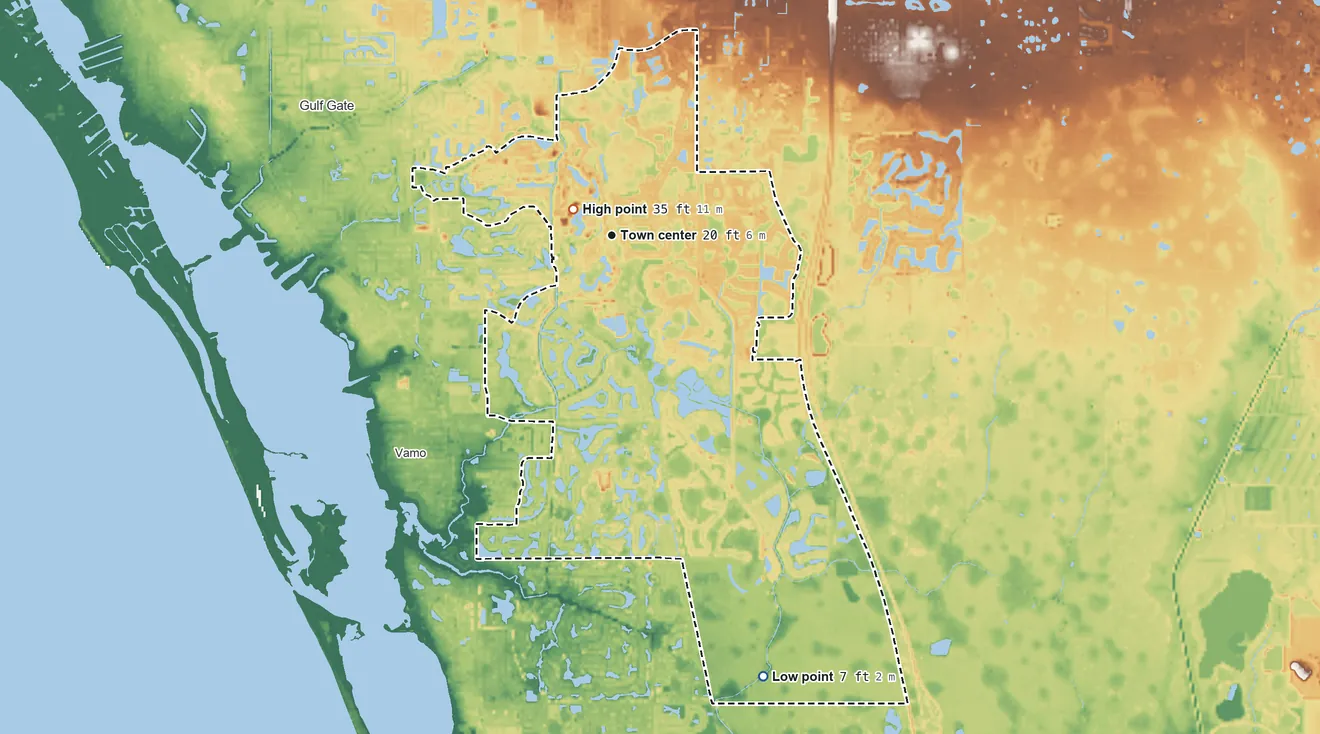 Topographic elevation map of Palmer Ranch, Florida, shaded from 7 ft on the south side to 35 ft near the middle