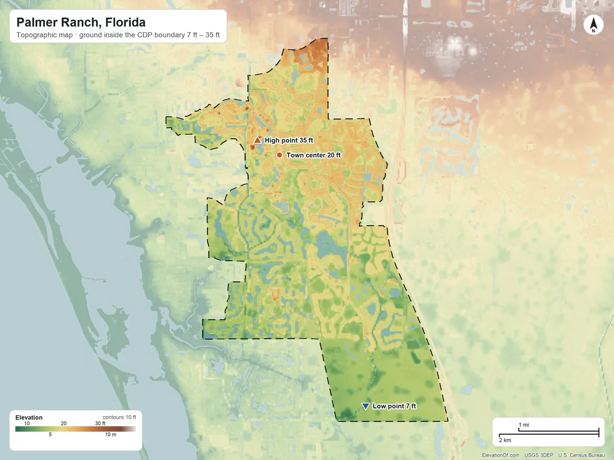 Topographic elevation map of Palmer Ranch, Florida, shaded from 7 ft on the south side to 35 ft near the middle