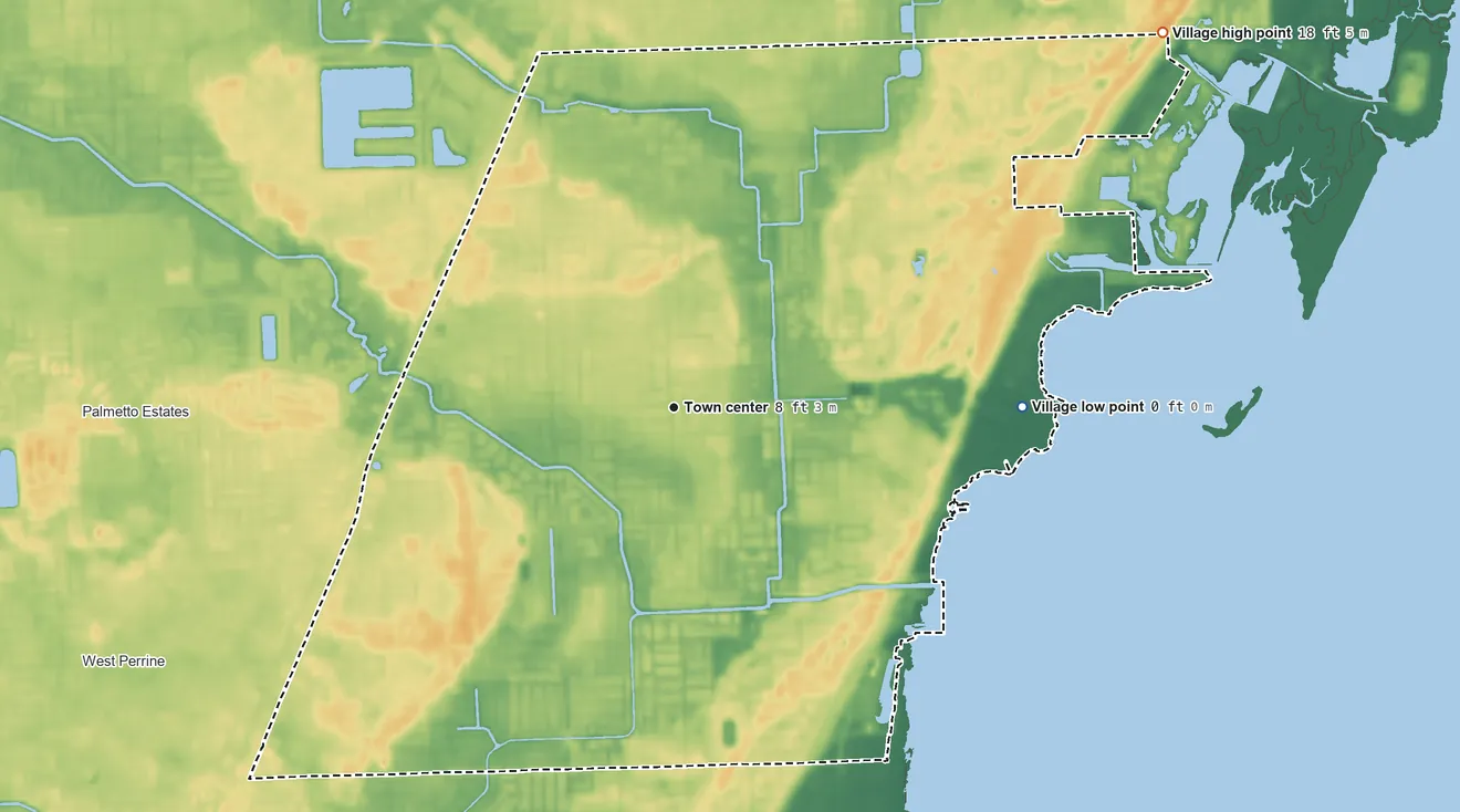 Topographic elevation map of Palmetto Bay, Florida, shaded from sea level level on Biscayne Bay to 18 ft on the northeast side