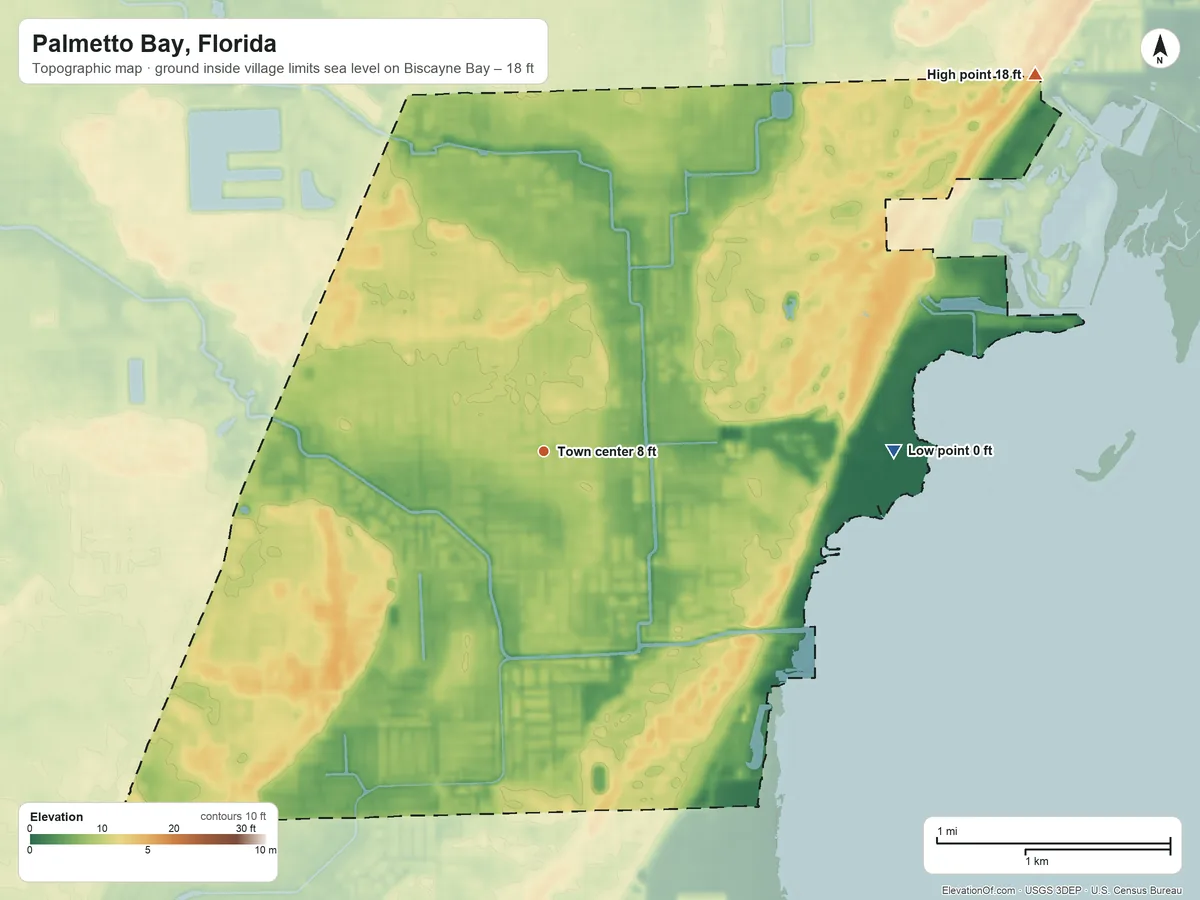 Topographic elevation map of Palmetto Bay, Florida, shaded from sea level level on Biscayne Bay to 18 ft on the northeast side