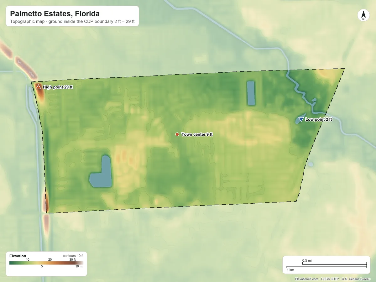 Topographic elevation map of Palmetto Estates, Florida, shaded from 2 ft on the east side to 29 ft on the west side