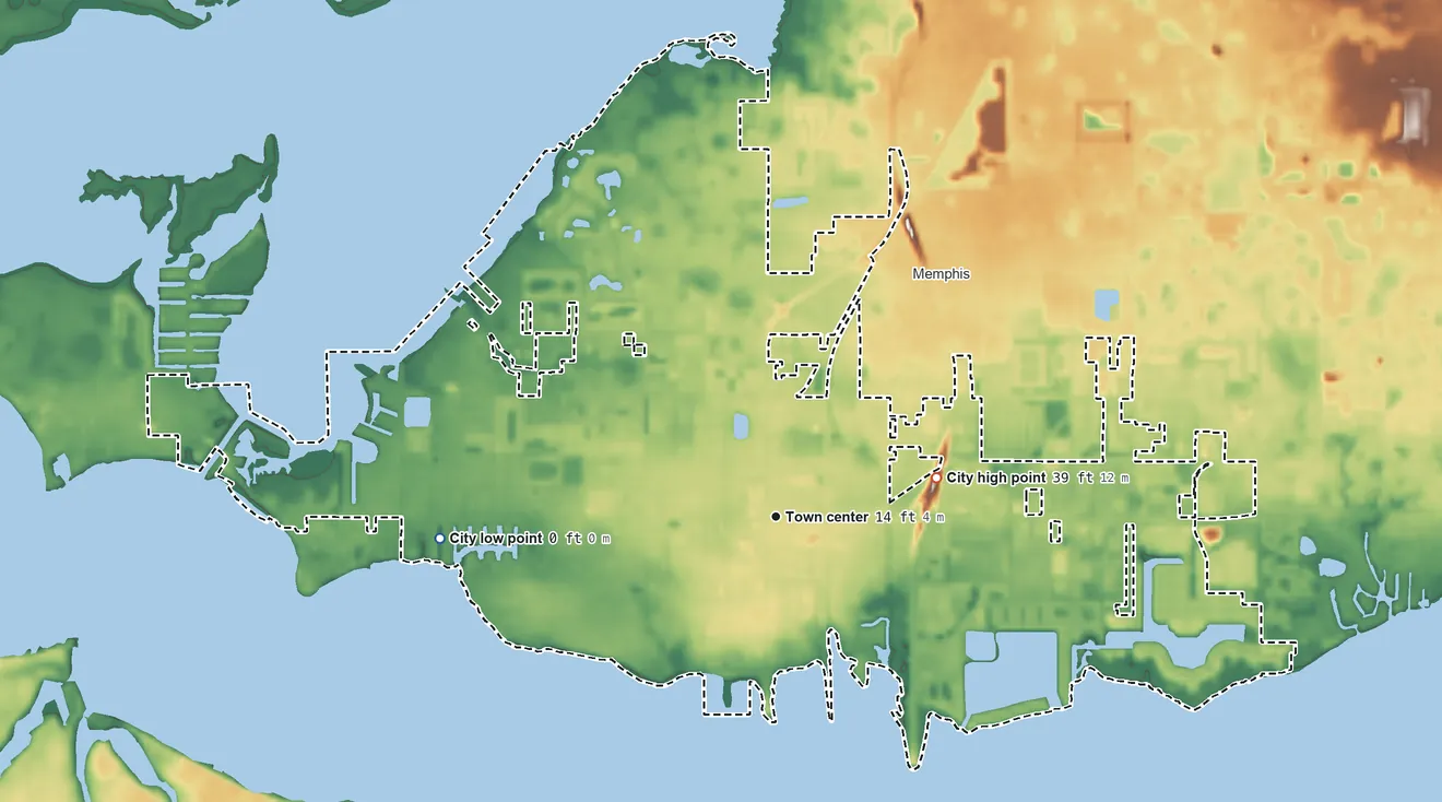 Topographic elevation map of Palmetto, Florida, shaded from sea level level on Terra Ceia Bay to 39 ft on the east side