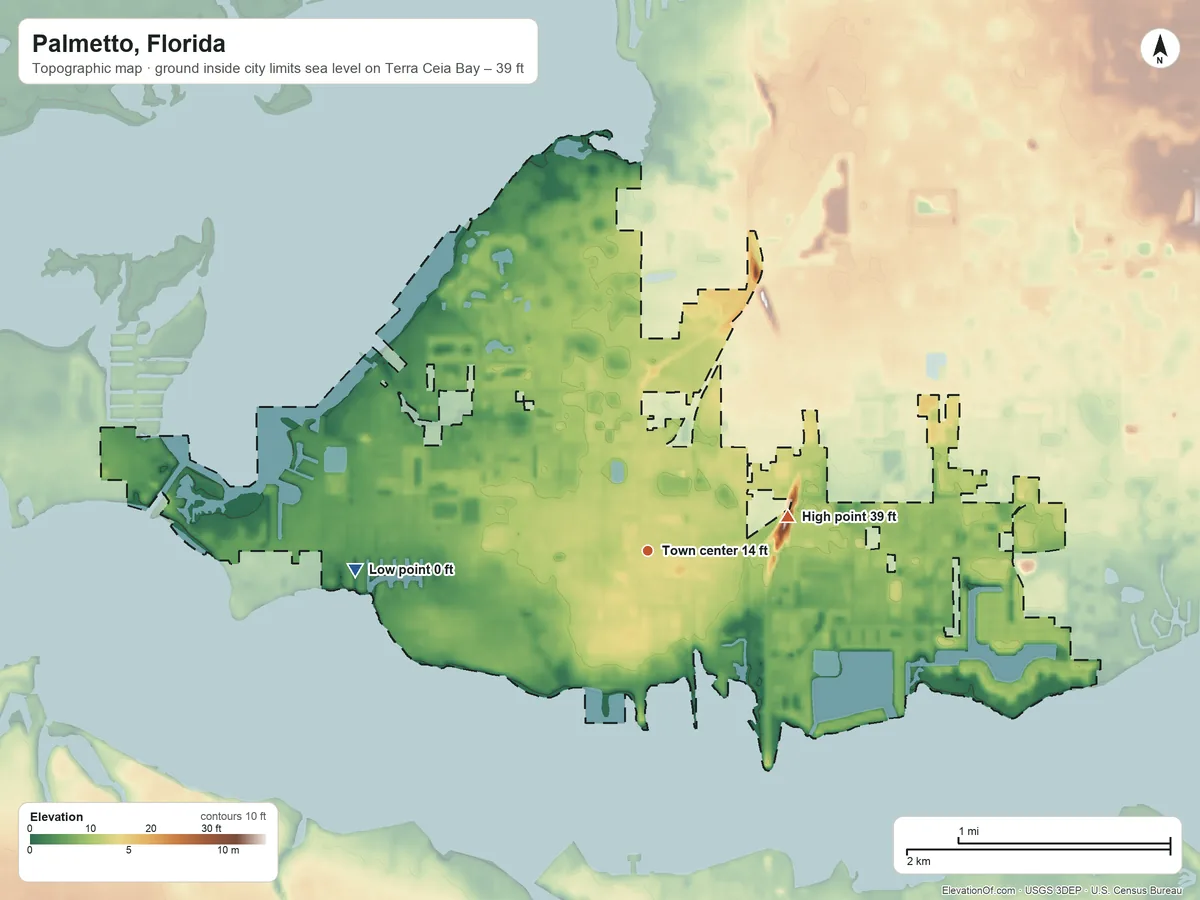 Topographic elevation map of Palmetto, Florida, shaded from sea level level on Terra Ceia Bay to 39 ft on the east side