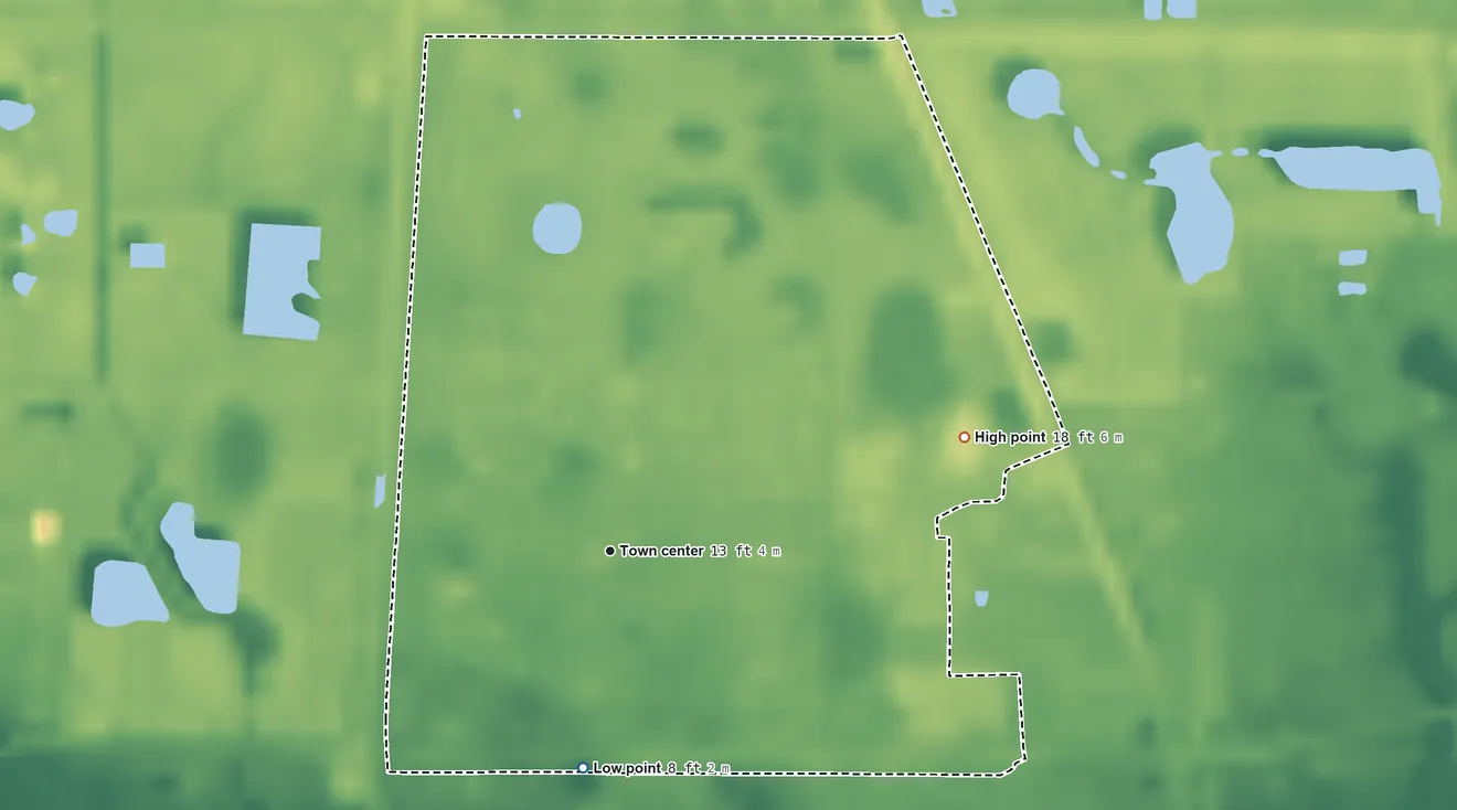 Topographic elevation map of Palmona Park, Florida, shaded from 8 ft on the south side to 18 ft on the east side