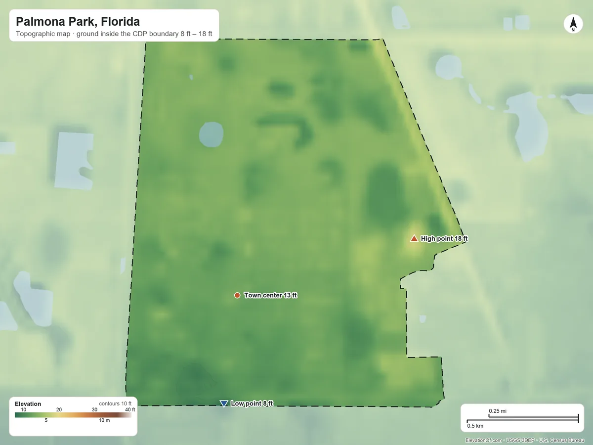 Topographic elevation map of Palmona Park, Florida, shaded from 8 ft on the south side to 18 ft on the east side