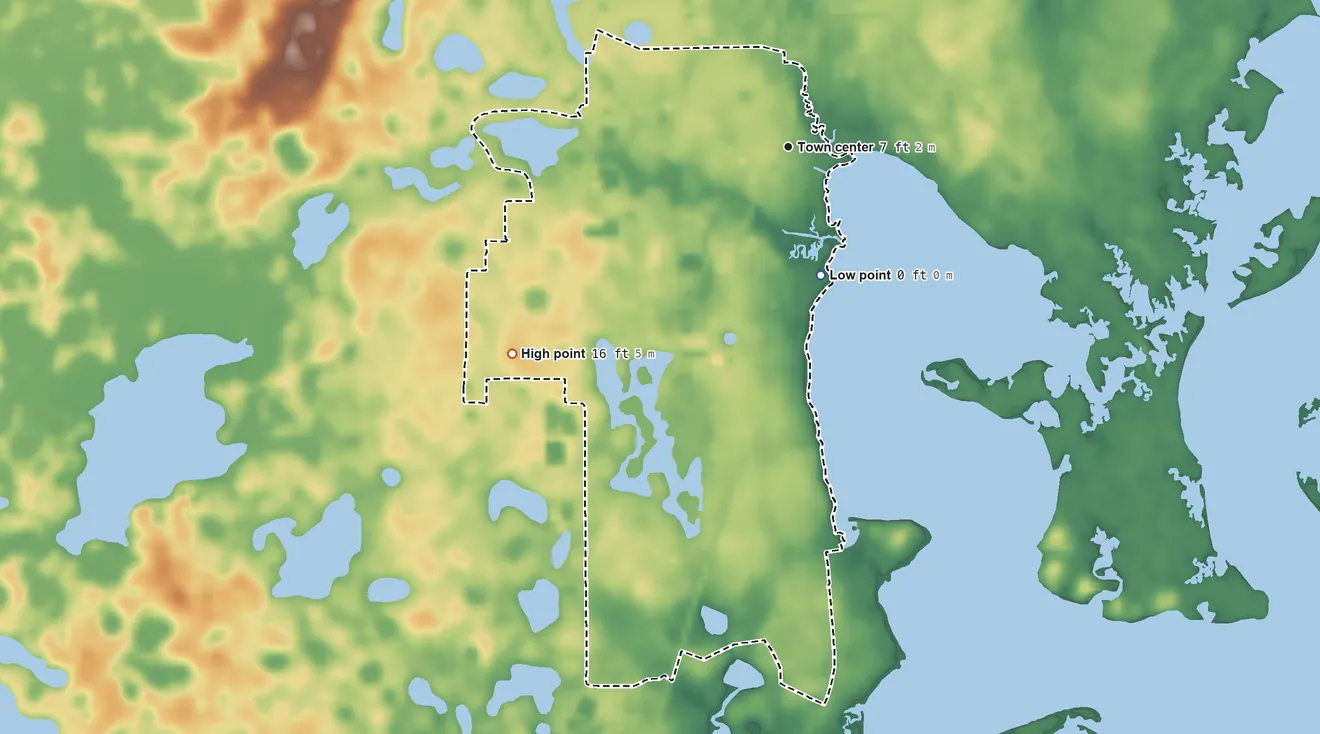 Topographic elevation map of Panacea, Florida, shaded from sea level level on Dickerson Bay to 16 ft on the southwest side