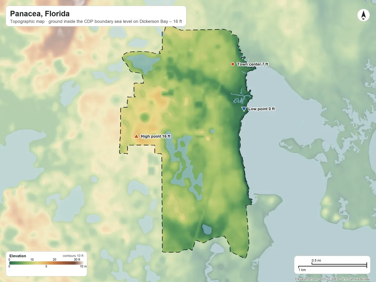 Topographic elevation map of Panacea, Florida, shaded from sea level level on Dickerson Bay to 16 ft on the southwest side