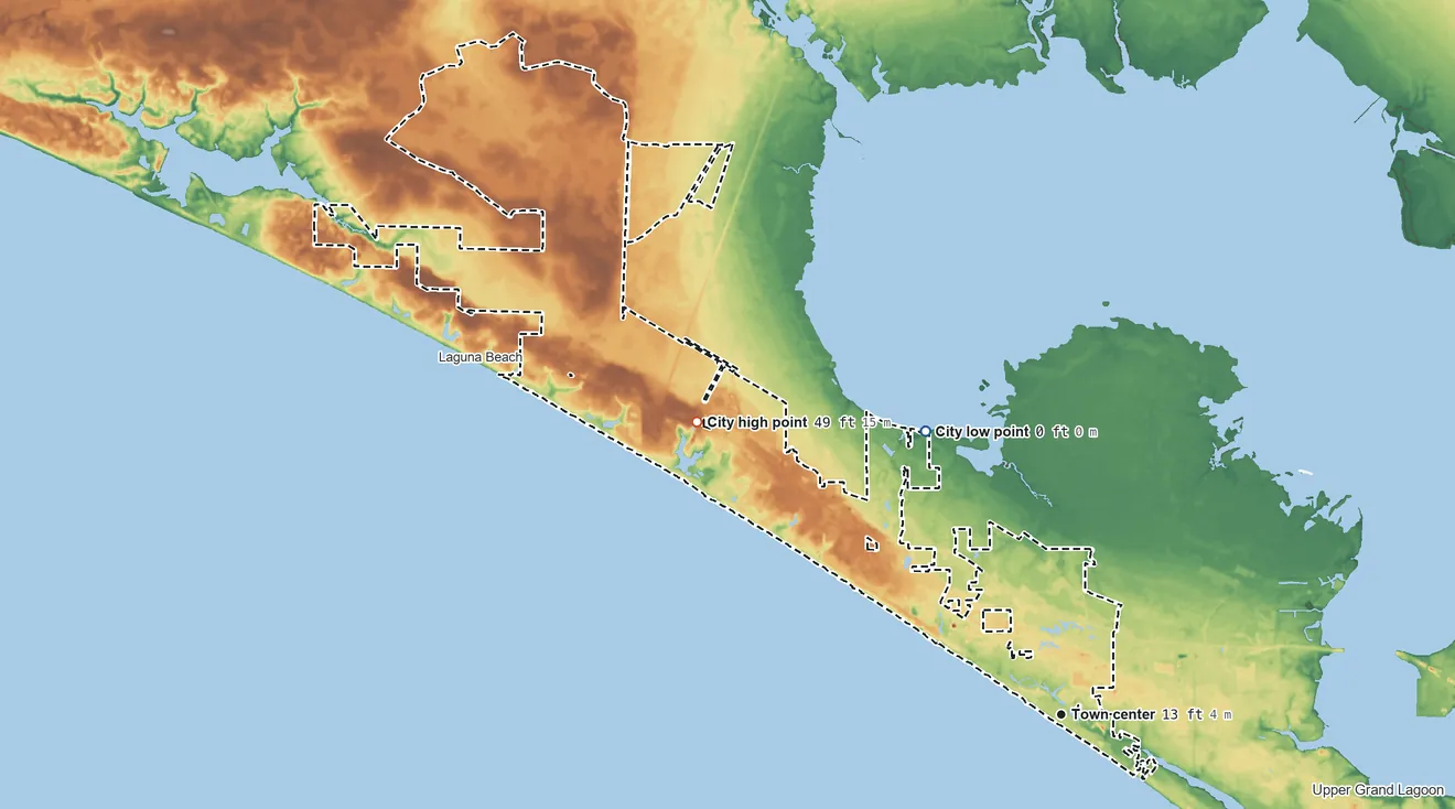 Topographic elevation map of Panama City Beach, Florida, shaded from sea level level on West Bay to 49 ft on the northwest side