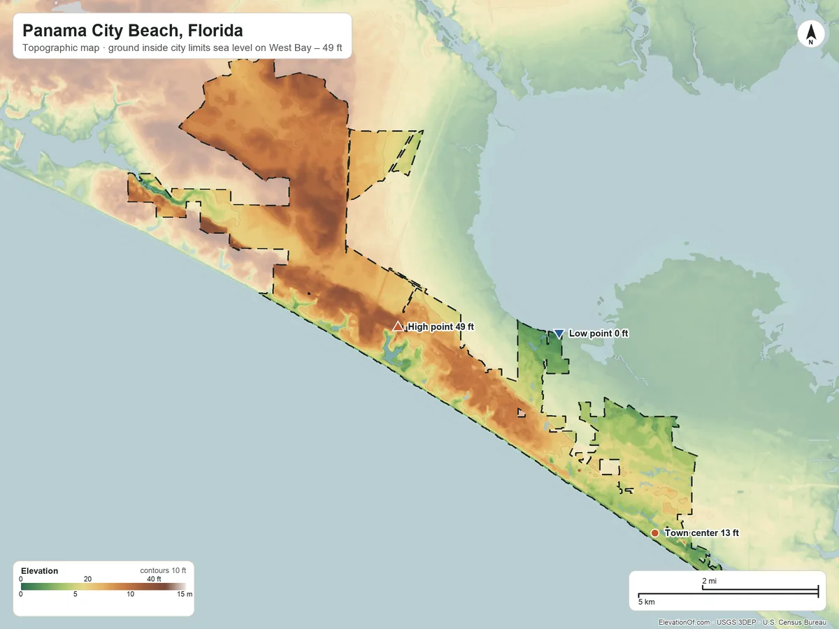 Topographic elevation map of Panama City Beach, Florida, shaded from sea level level on West Bay to 49 ft on the northwest side