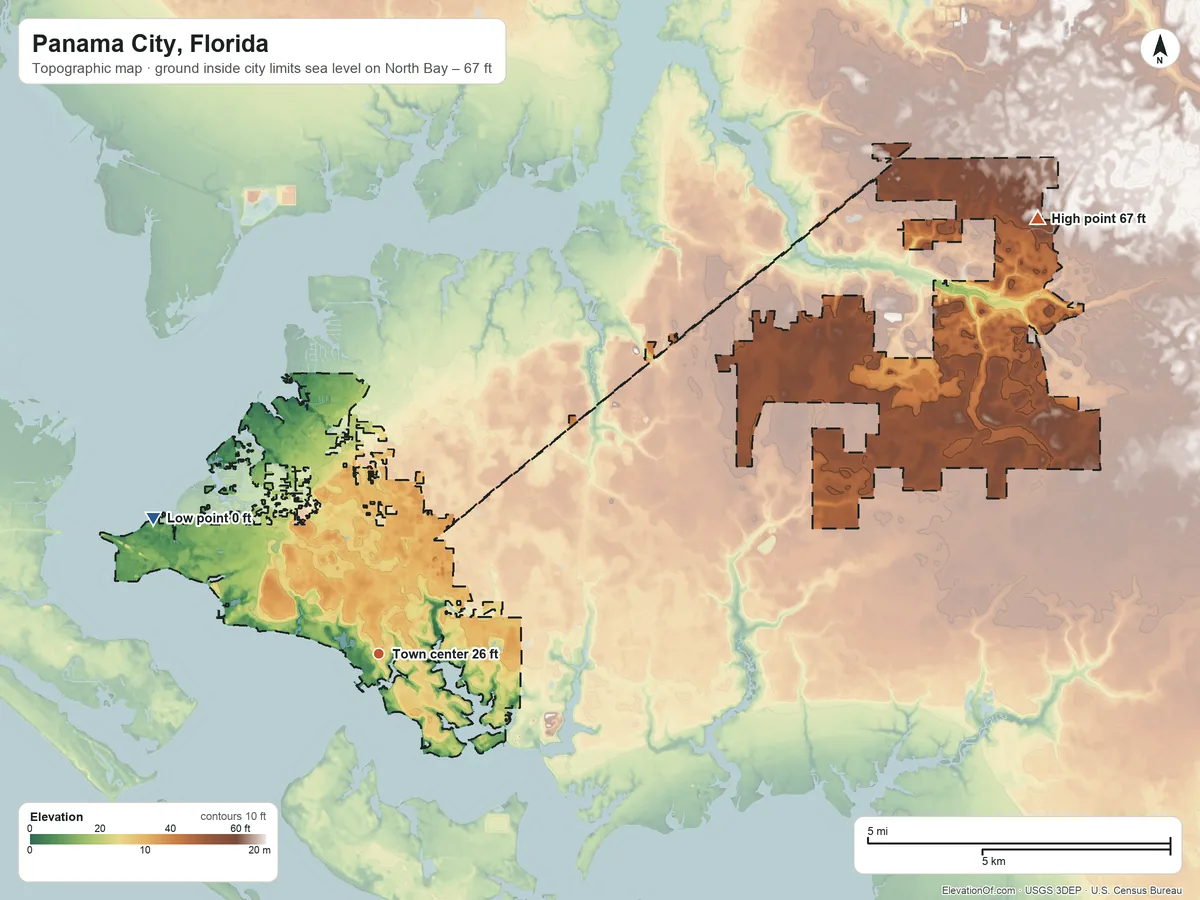 Topographic elevation map of Panama City, Florida, shaded from sea level level on North Bay to 67 ft on the northeast side
