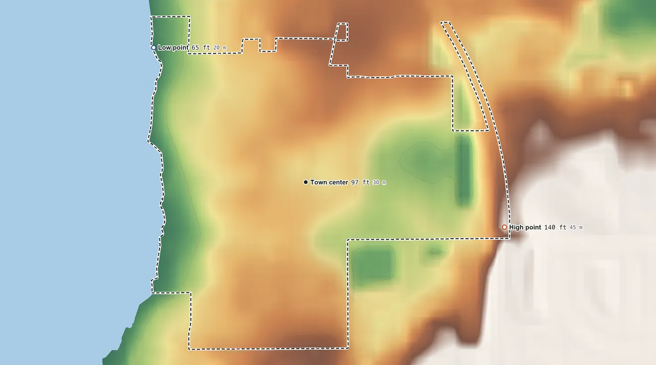 Topographic elevation map of Paradise Heights, Florida, shaded from 65 ft on the northwest side to 140 ft on the east side