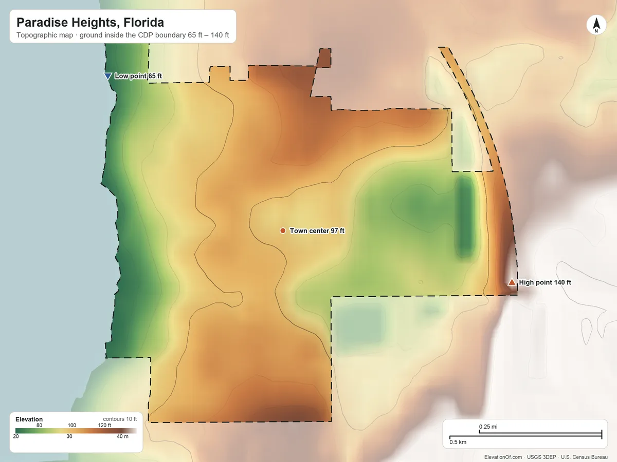 Topographic elevation map of Paradise Heights, Florida, shaded from 65 ft on the northwest side to 140 ft on the east side