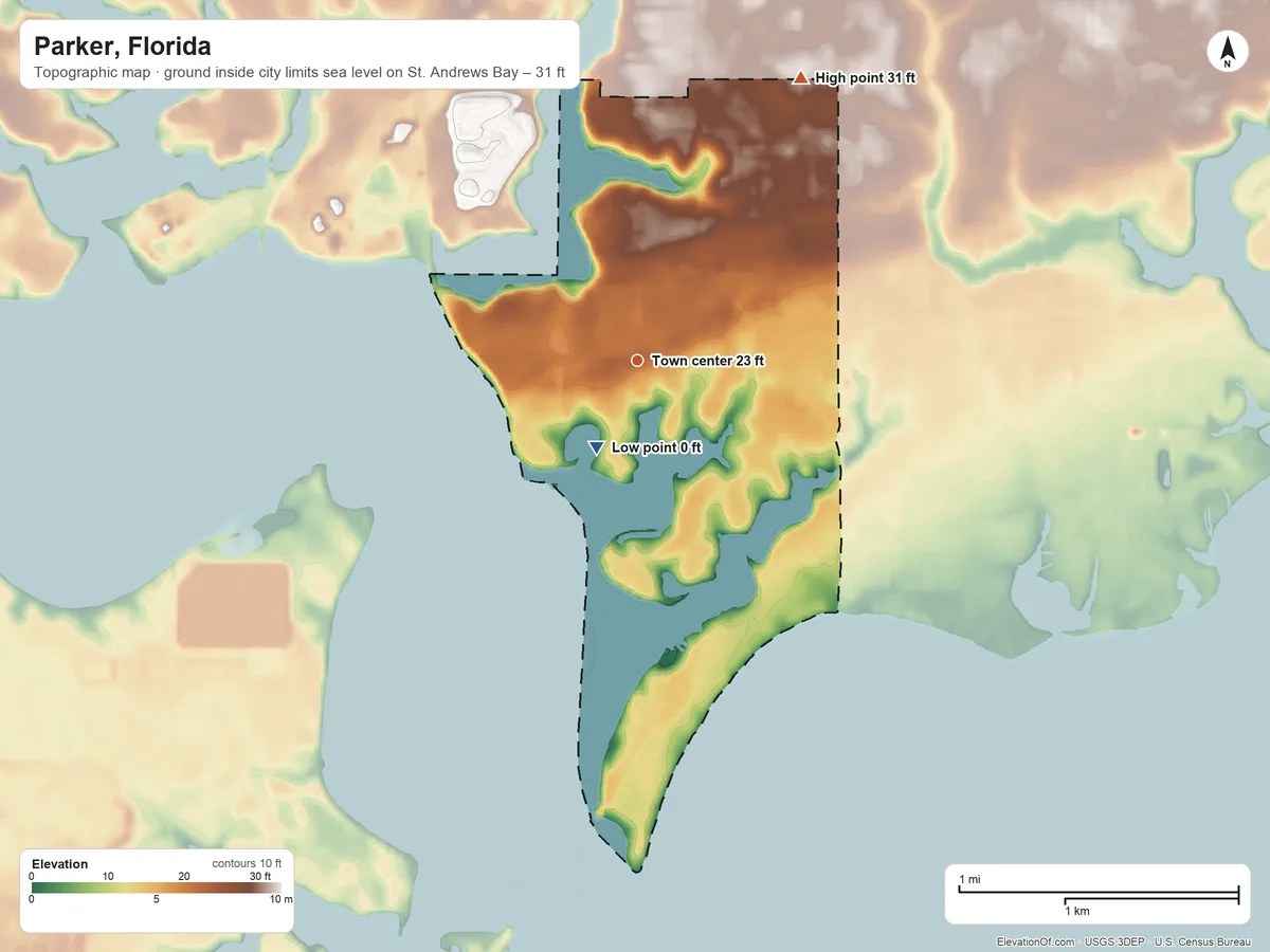 Topographic elevation map of Parker, Florida, shaded from sea level level on St. Andrews Bay to 31 ft on the northeast side