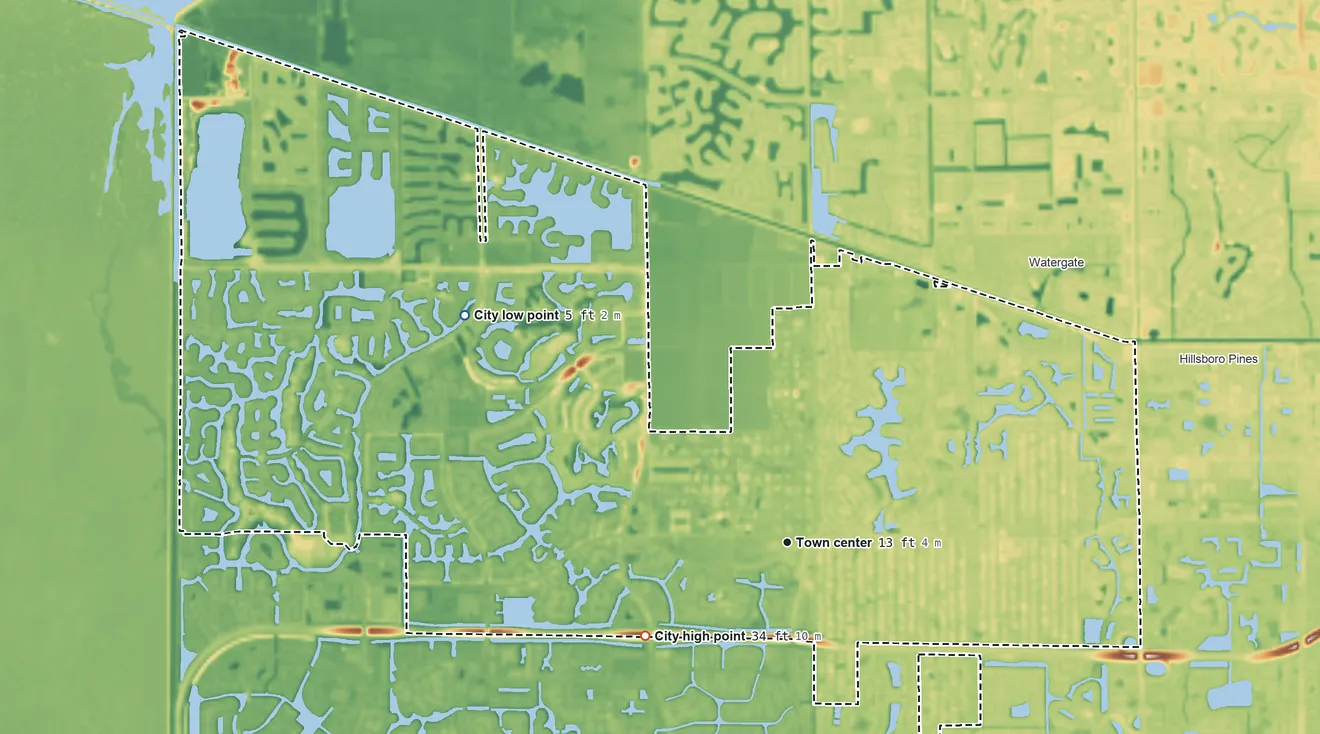 Topographic elevation map of Parkland, Florida, shaded from 5 ft on the northwest side to 34 ft on the southwest side