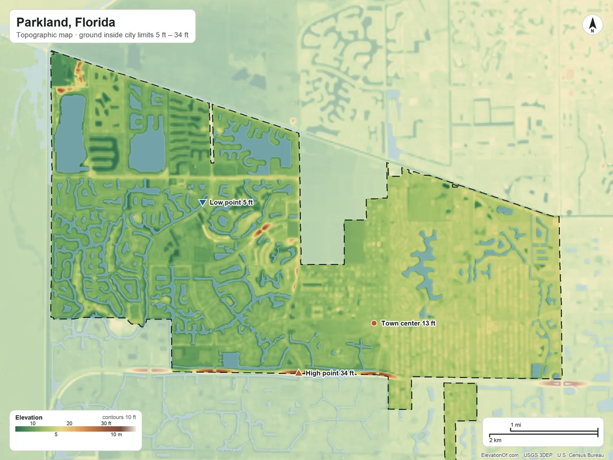 Topographic elevation map of Parkland, Florida, shaded from 5 ft on the northwest side to 34 ft on the southwest side