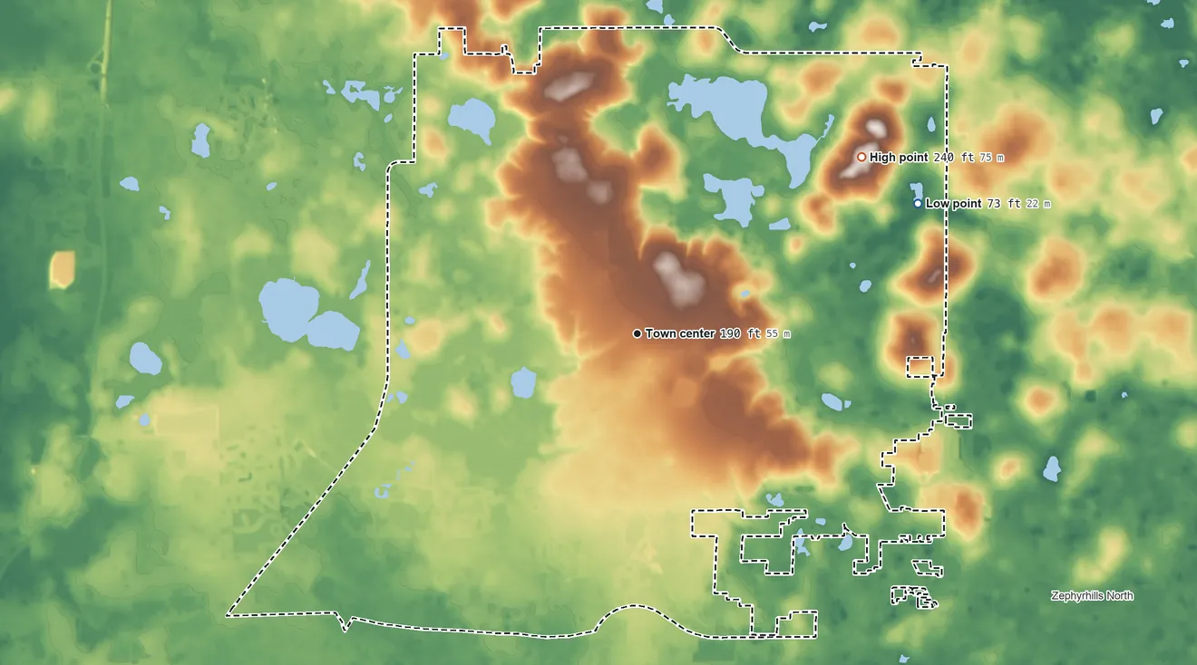 Topographic elevation map of Pasadena Hills, Florida, shaded from 73 ft on the northeast side to 240 ft on LeHeup Hill