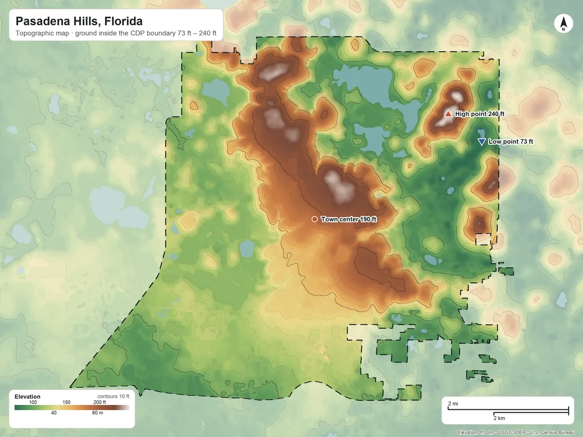 Topographic elevation map of Pasadena Hills, Florida, shaded from 73 ft on the northeast side to 240 ft on LeHeup Hill