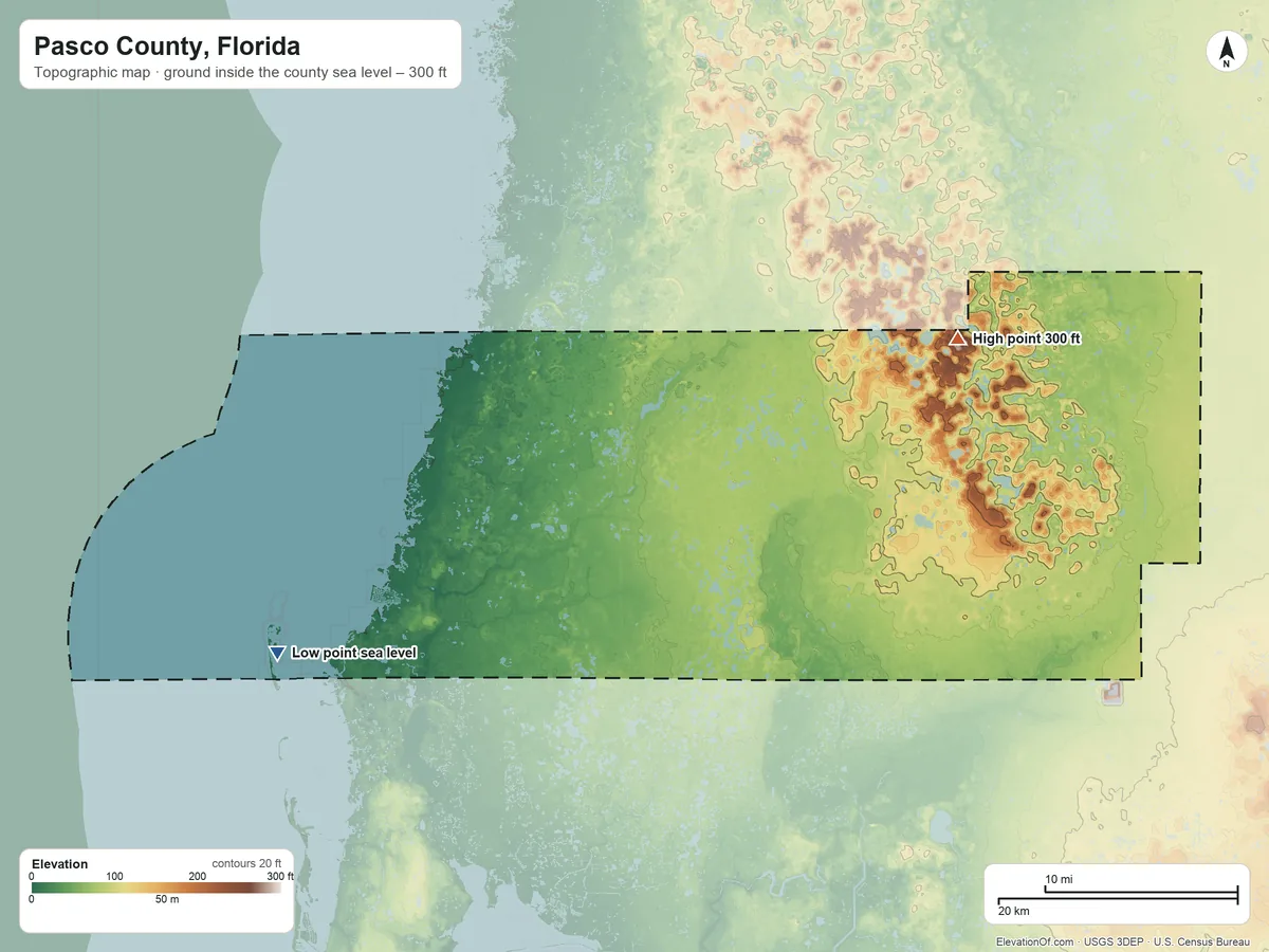 Topographic elevation map of Pasco County, Florida, shaded from sea level on the Gulf of America to 300 ft on the northeast side