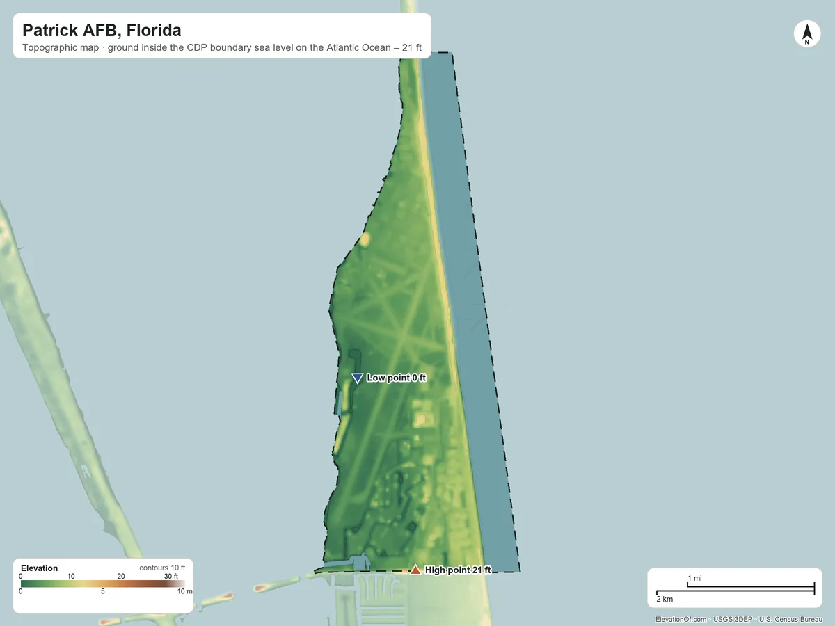 Topographic elevation map of Patrick AFB, Florida, shaded from sea level level on the Atlantic Ocean to 21 ft on the south side