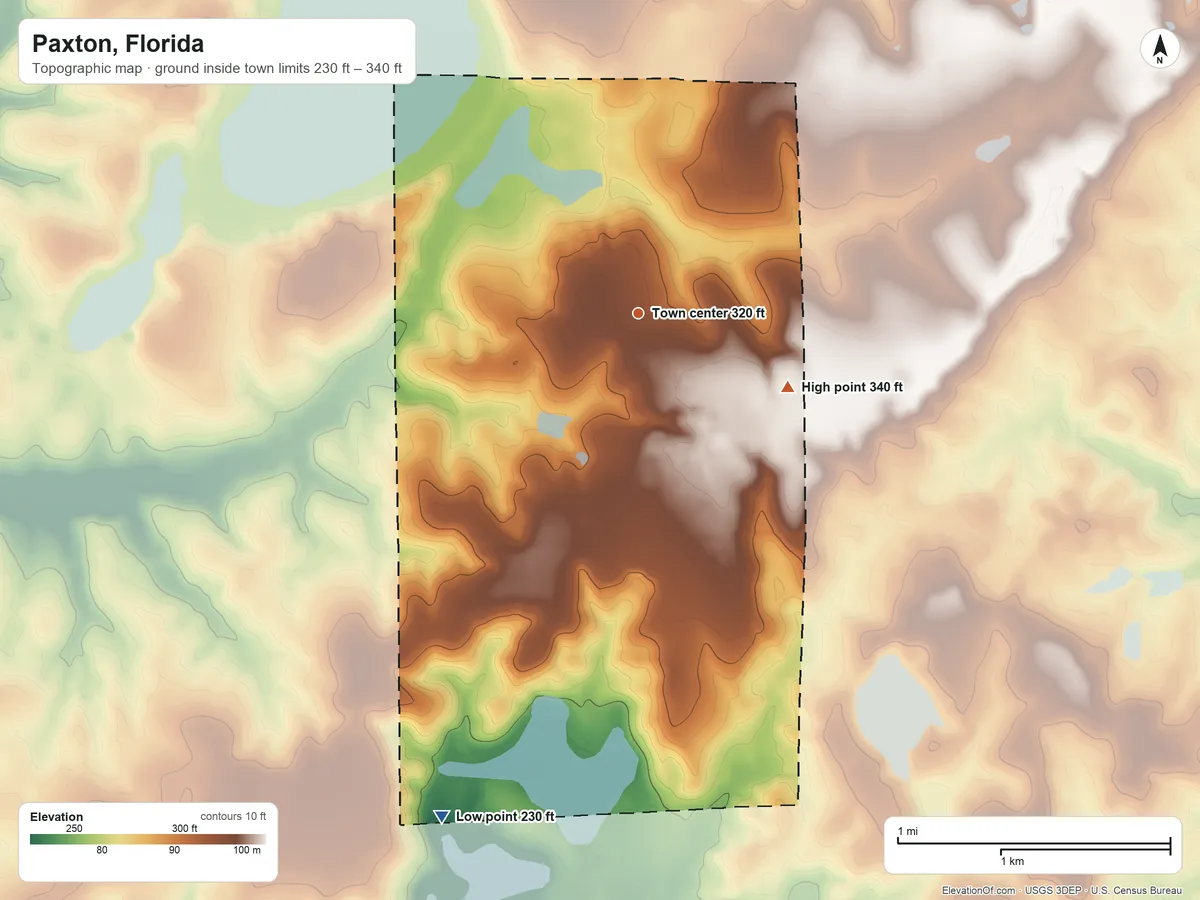 Topographic elevation map of Paxton, Florida, shaded from 230 ft on the south side to 340 ft on the southeast side