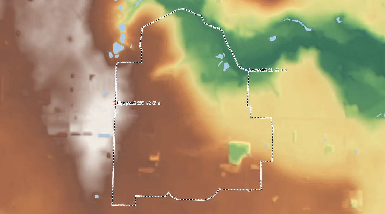 Topographic elevation map of Pea Ridge, Florida, shaded from 11 ft on the northeast side to 150 ft on the northwest side