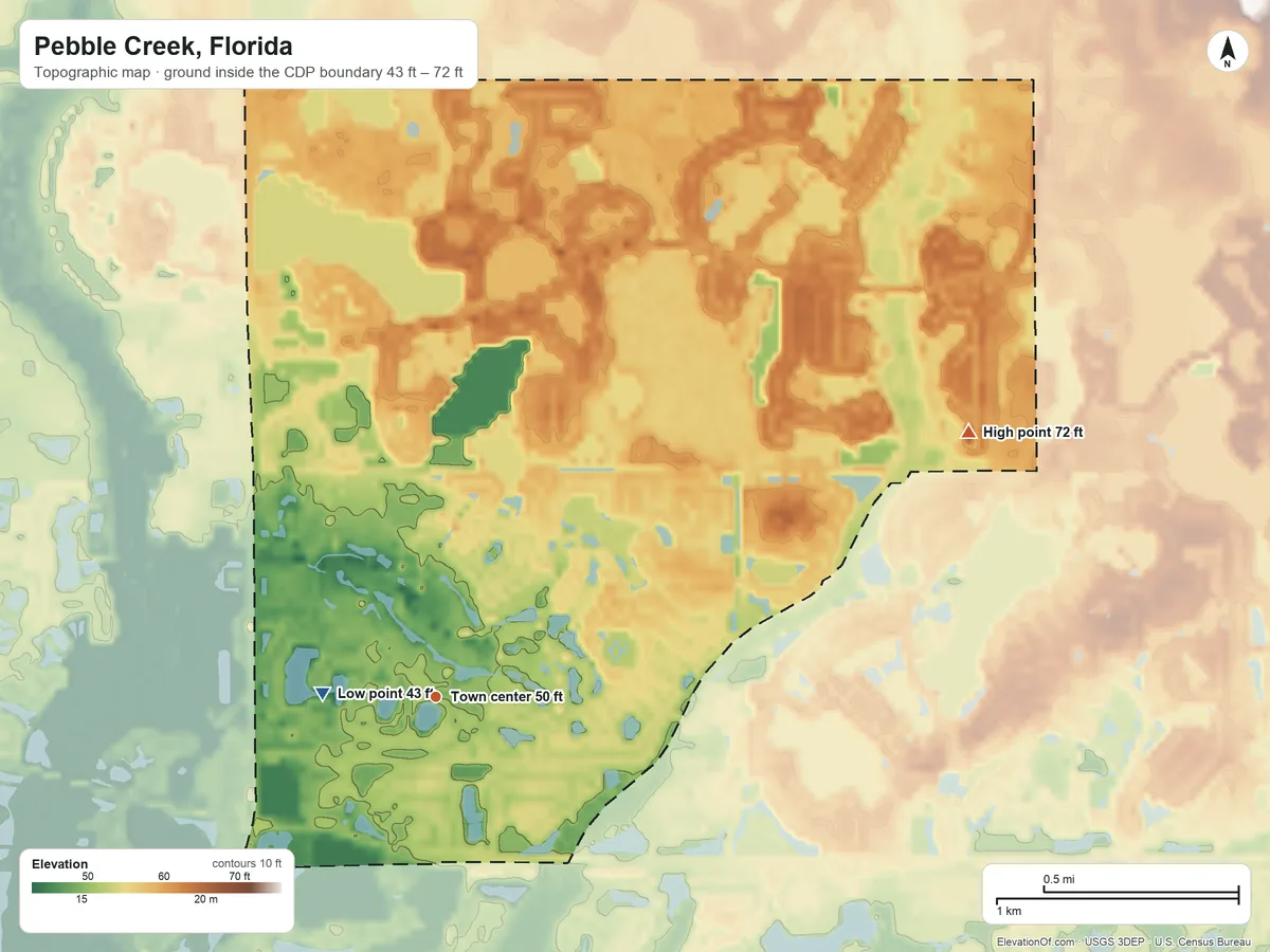 Topographic elevation map of Pebble Creek, Florida, shaded from 43 ft on the west side to 72 ft on the northeast side