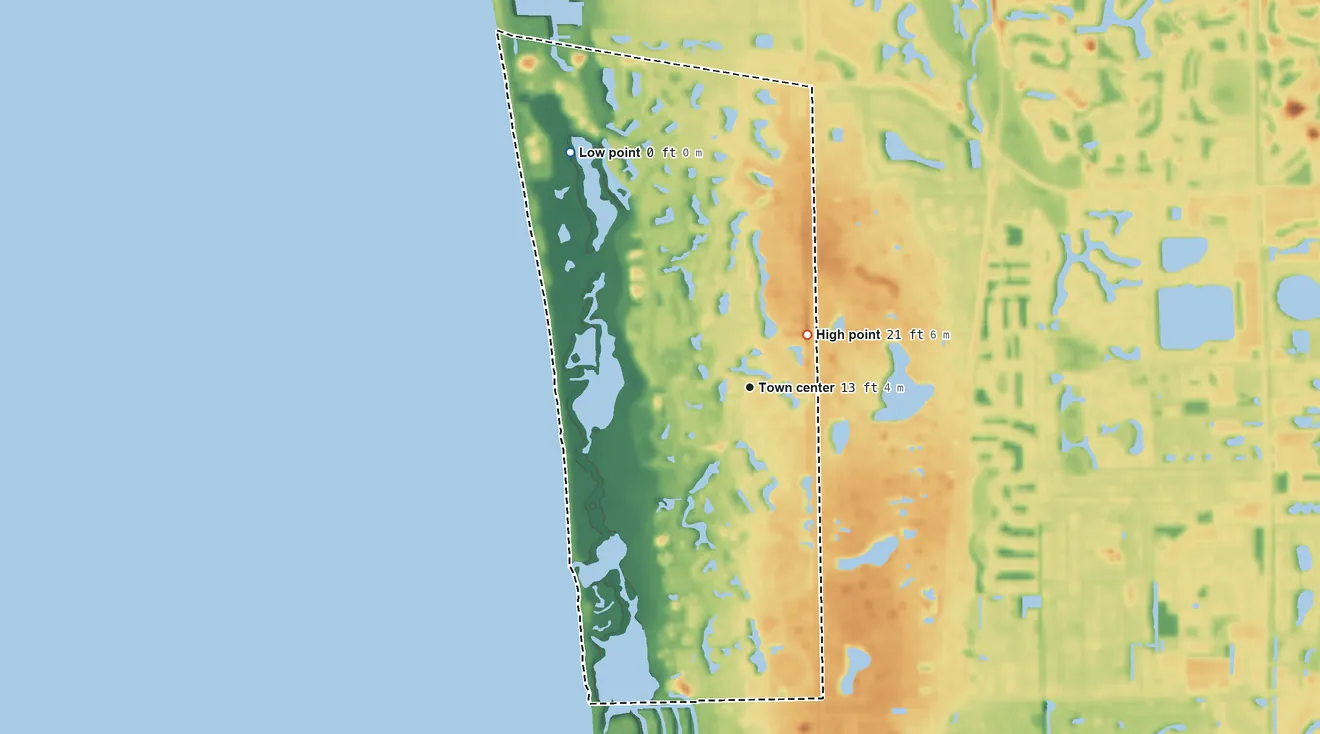 Topographic elevation map of Pelican Bay, Florida, shaded from sea level level on the Gulf of America to 21 ft on the northeast side