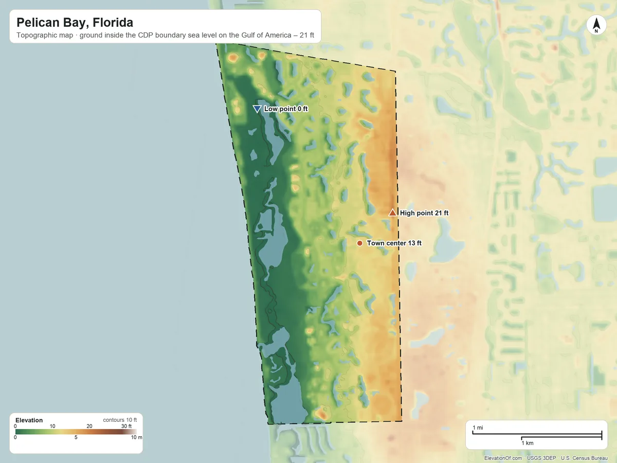 Topographic elevation map of Pelican Bay, Florida, shaded from sea level level on the Gulf of America to 21 ft on the northeast side