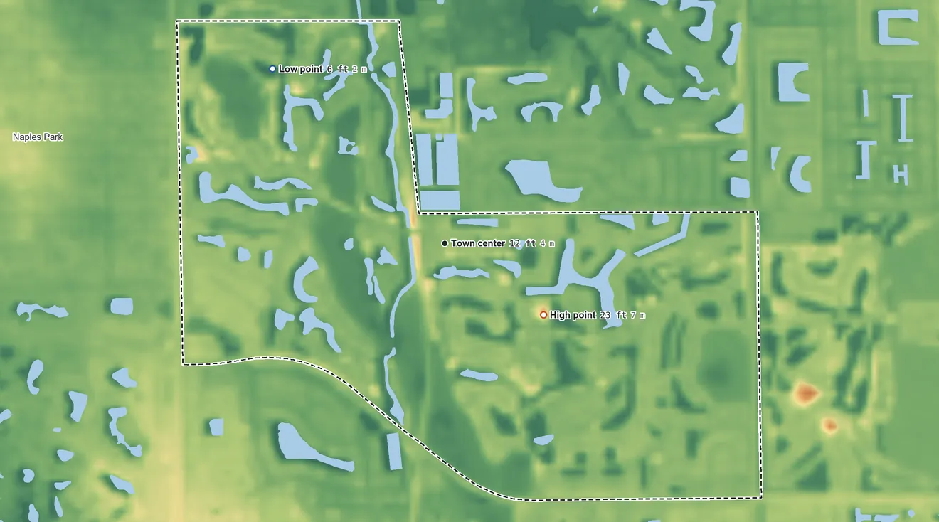 Topographic elevation map of Pelican Marsh, Florida, shaded from 6 ft on the northwest side to 23 ft on the southeast side