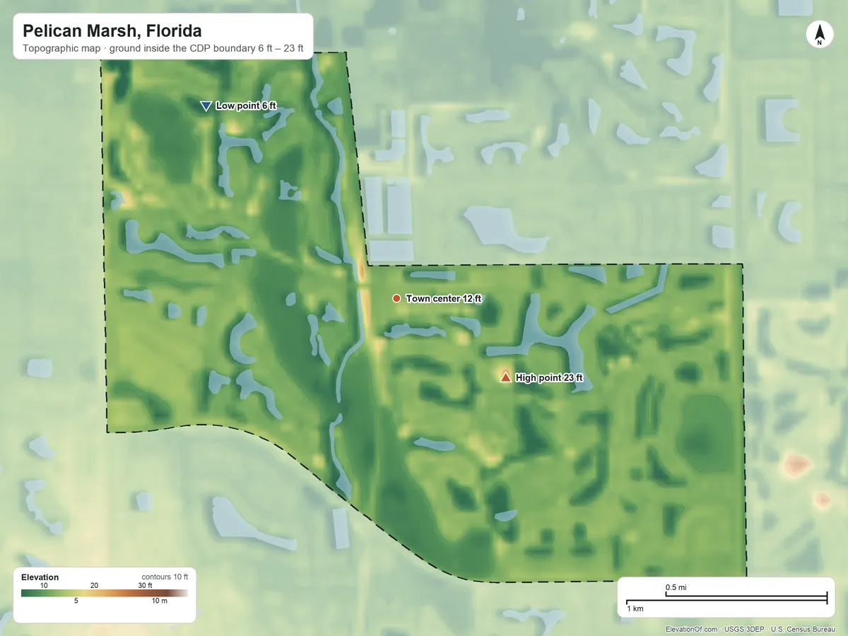 Topographic elevation map of Pelican Marsh, Florida, shaded from 6 ft on the northwest side to 23 ft on the southeast side