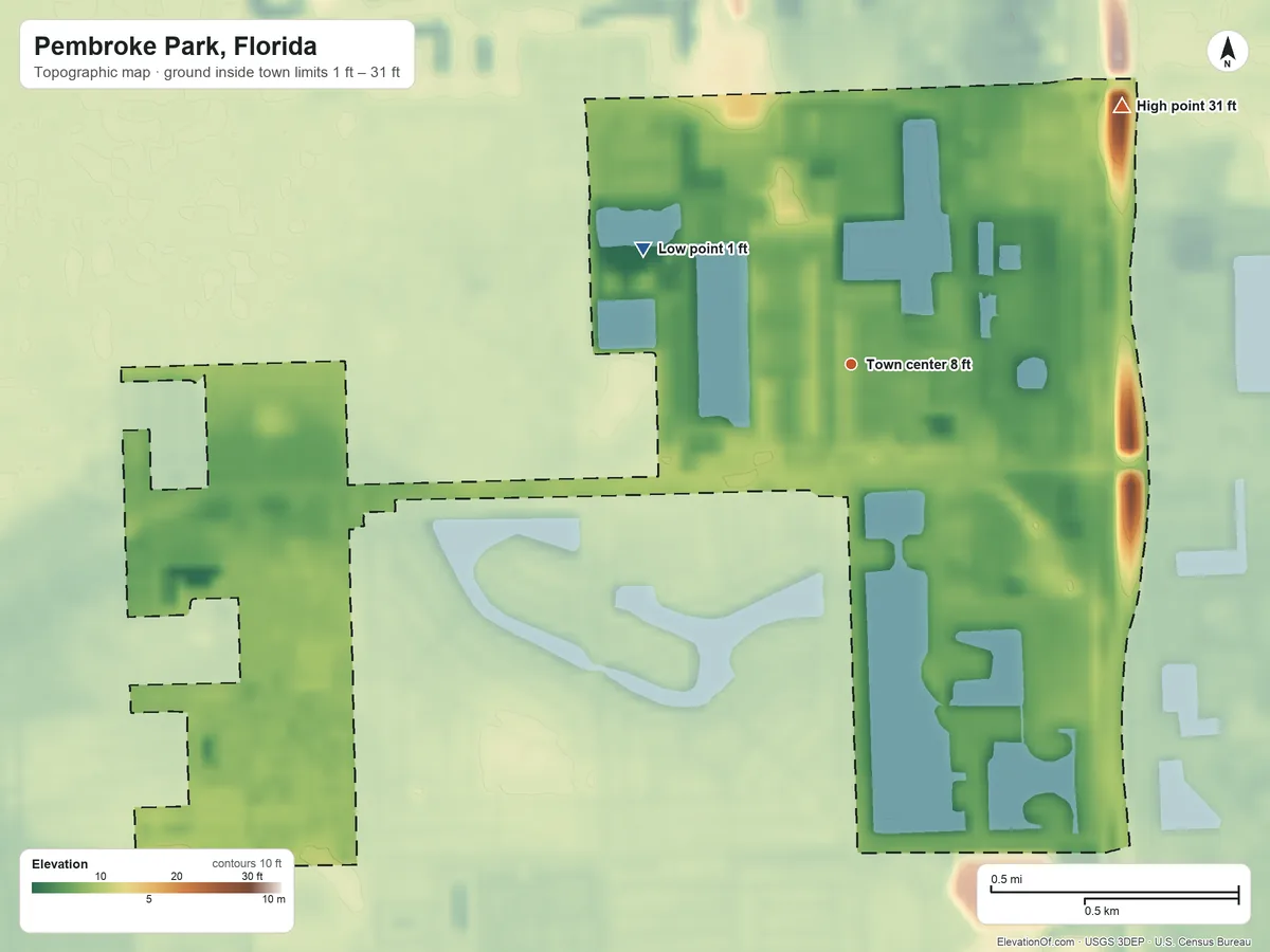 Topographic elevation map of Pembroke Park, Florida, shaded from 1 ft on the northwest side to 31 ft on the northeast side