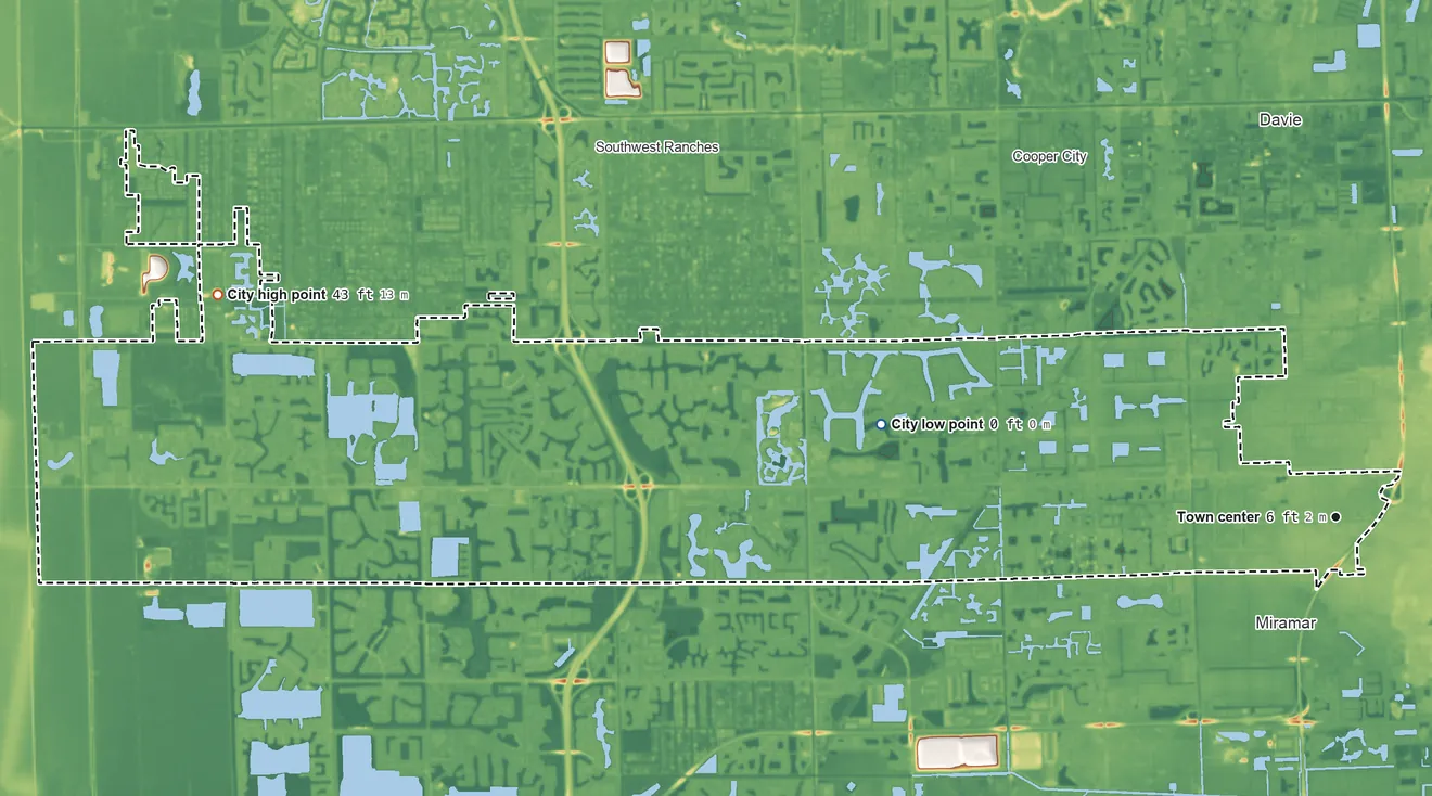 Topographic elevation map of Pembroke Pines, Florida, shaded from 0 ft on the west side to 43 ft on the west side