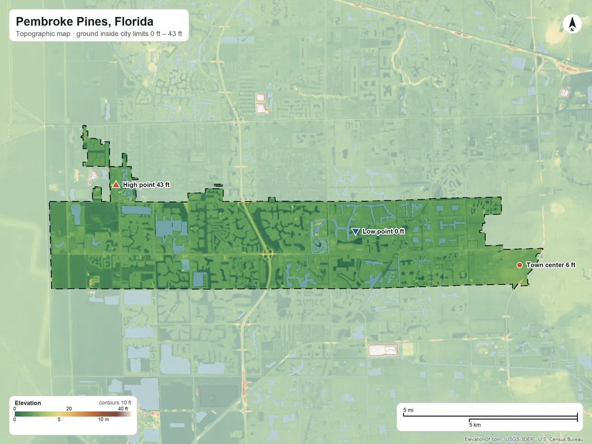 Topographic elevation map of Pembroke Pines, Florida, shaded from 0 ft on the west side to 43 ft on the west side