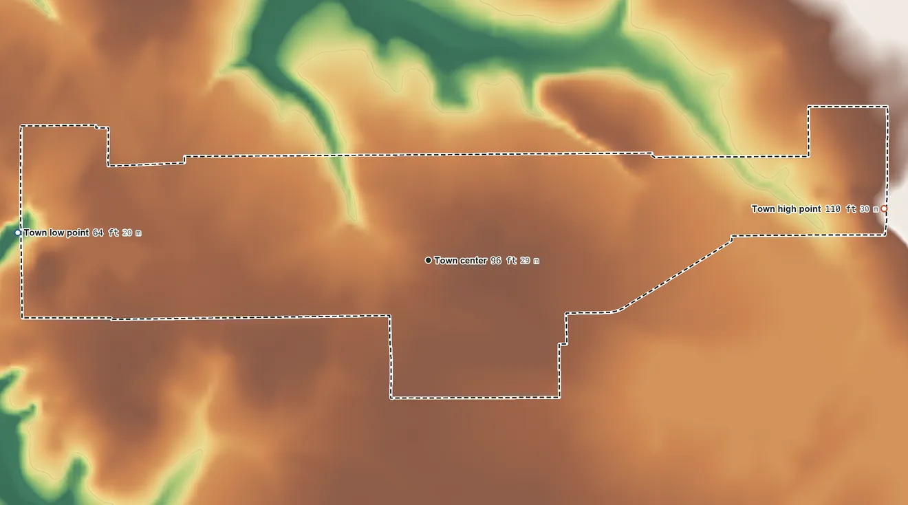 Topographic elevation map of Penney Farms, Florida, shaded from 64 ft on the west side to 110 ft on the east side