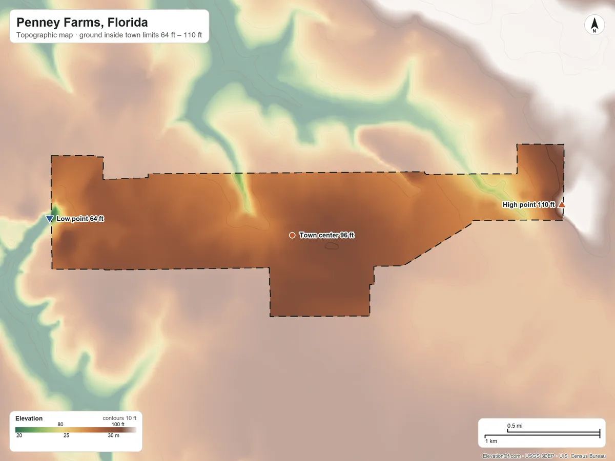 Topographic elevation map of Penney Farms, Florida, shaded from 64 ft on the west side to 110 ft on the east side
