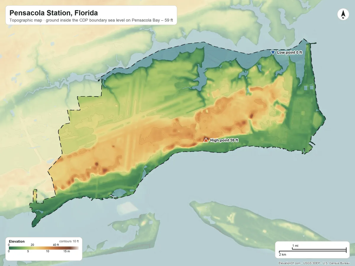 Topographic elevation map of Pensacola Station, Florida, shaded from sea level level on Pensacola Bay to 59 ft on the west side