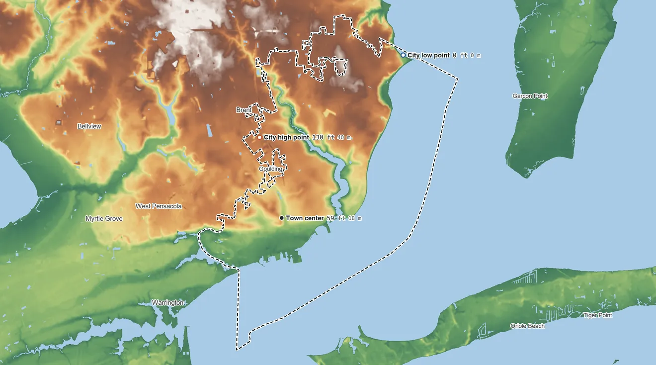 Topographic elevation map of Pensacola, Florida, shaded from sea level level on Escambia Bay to 130 ft on the north side