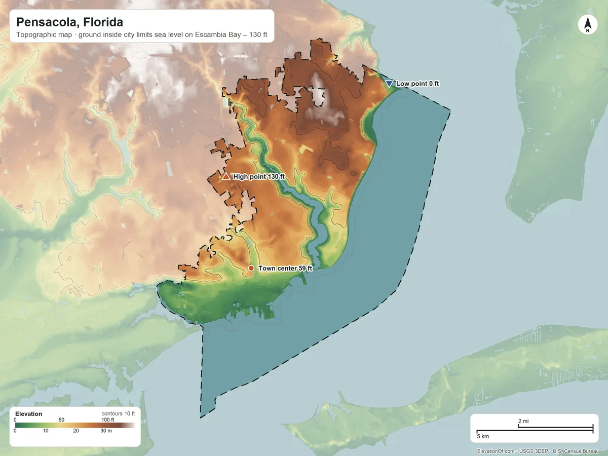 Topographic elevation map of Pensacola, Florida, shaded from sea level level on Escambia Bay to 130 ft on the north side