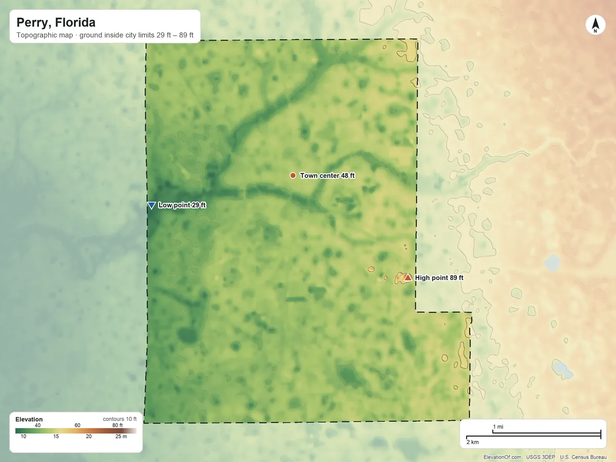 Topographic elevation map of Perry, Florida, shaded from 29 ft on the west side to 89 ft on the southeast side