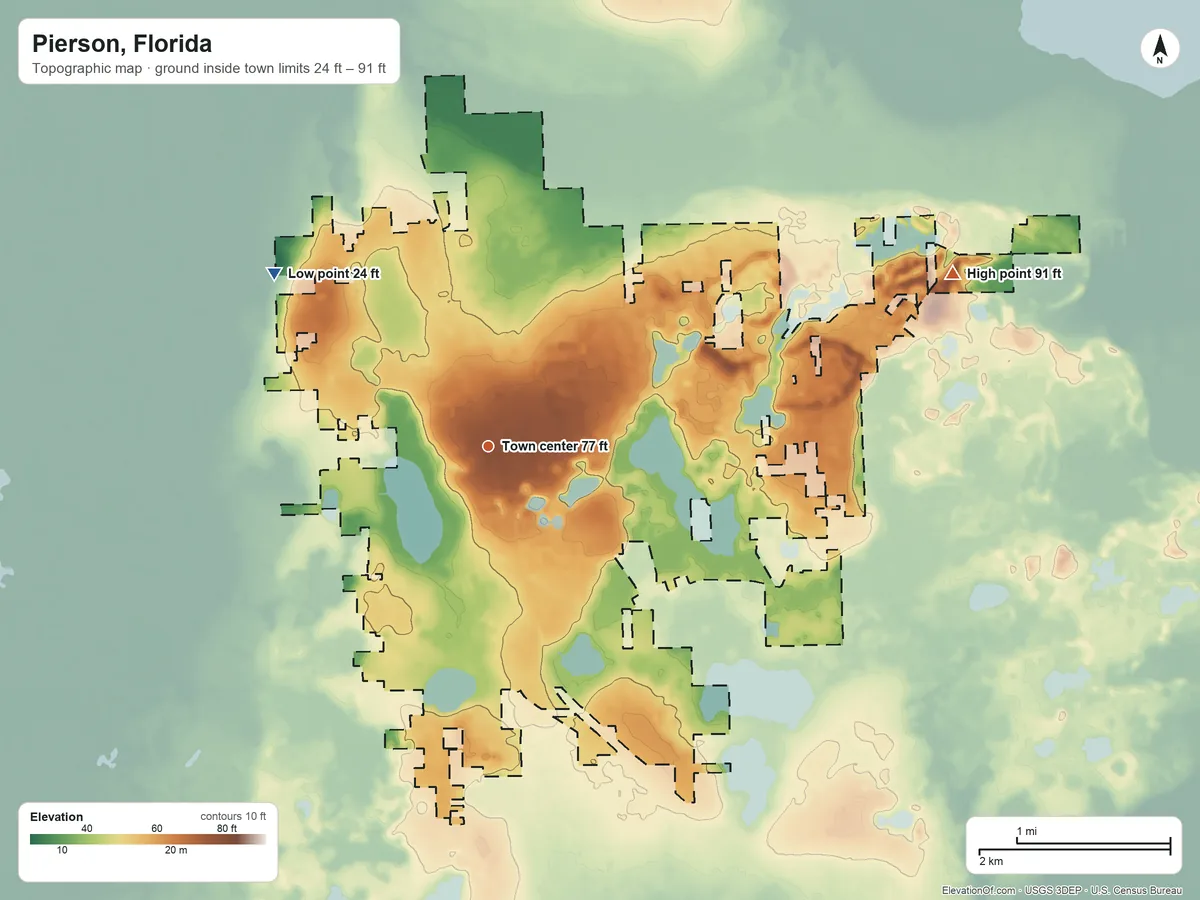 Topographic elevation map of Pierson, Florida, shaded from 24 ft on the northwest side to 91 ft on the east side