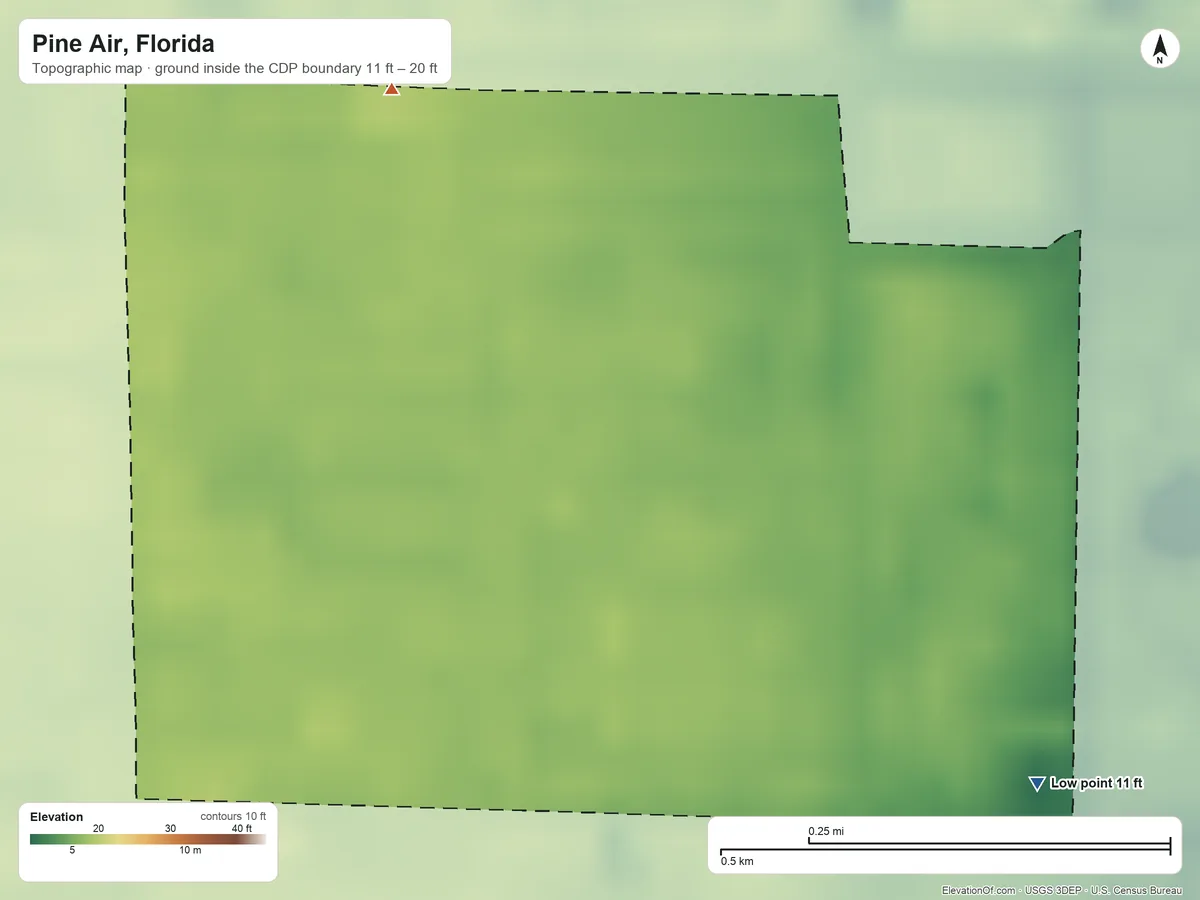 Topographic elevation map of Pine Air, Florida, shaded from 11 ft on the southeast side to 20 ft on the northwest side