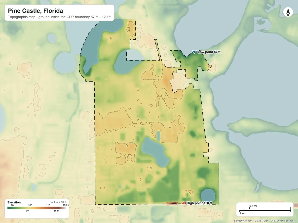Topographic elevation map of Pine Castle, Florida, shaded from 87 ft on the northeast side to 120 ft on the southeast side