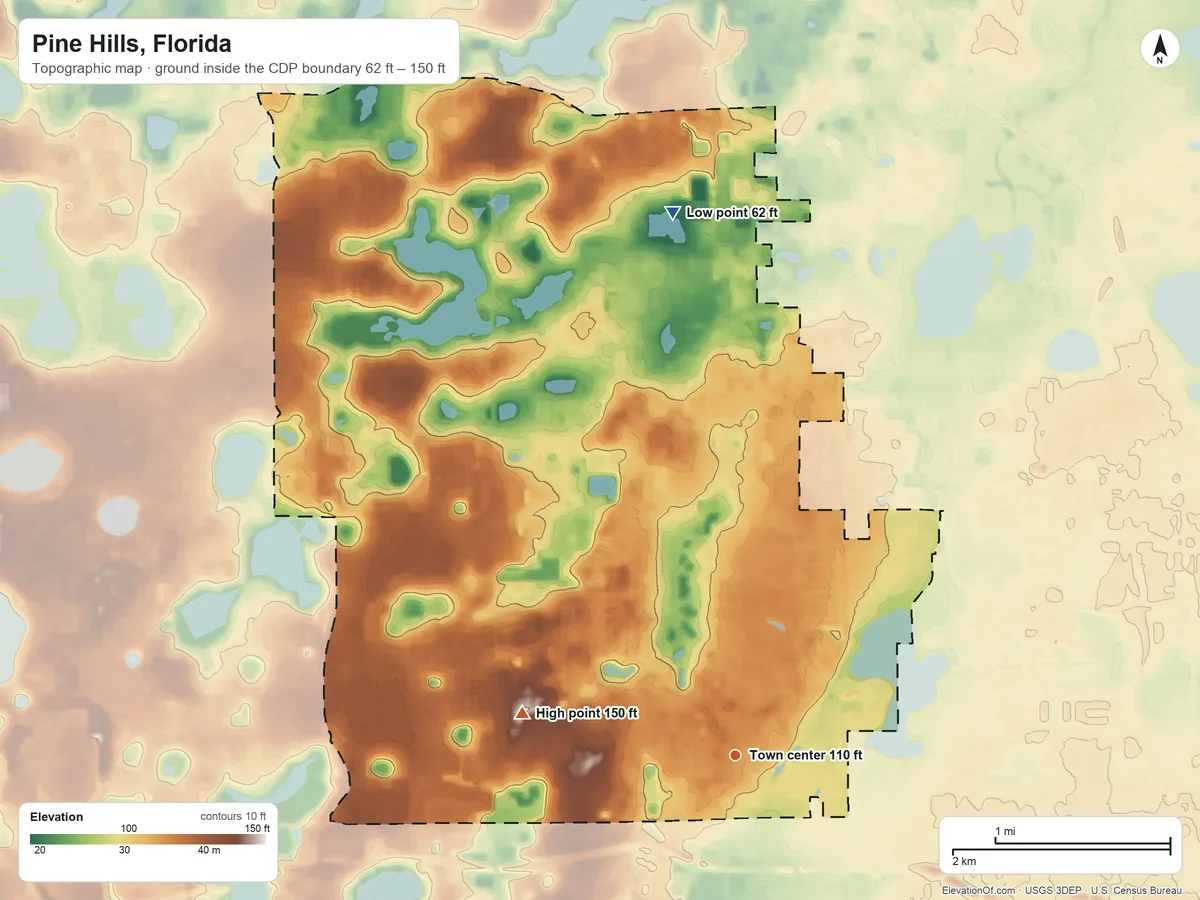 Topographic elevation map of Pine Hills, Florida, shaded from 62 ft on the north side to 150 ft on the west side