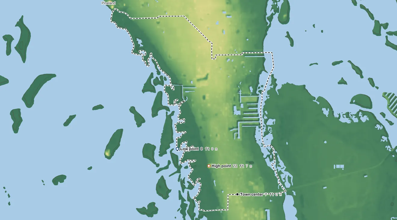 Topographic elevation map of Pine Island Center, Florida, shaded from sea level level on Pine Island Sound to 22 ft on the northwest side