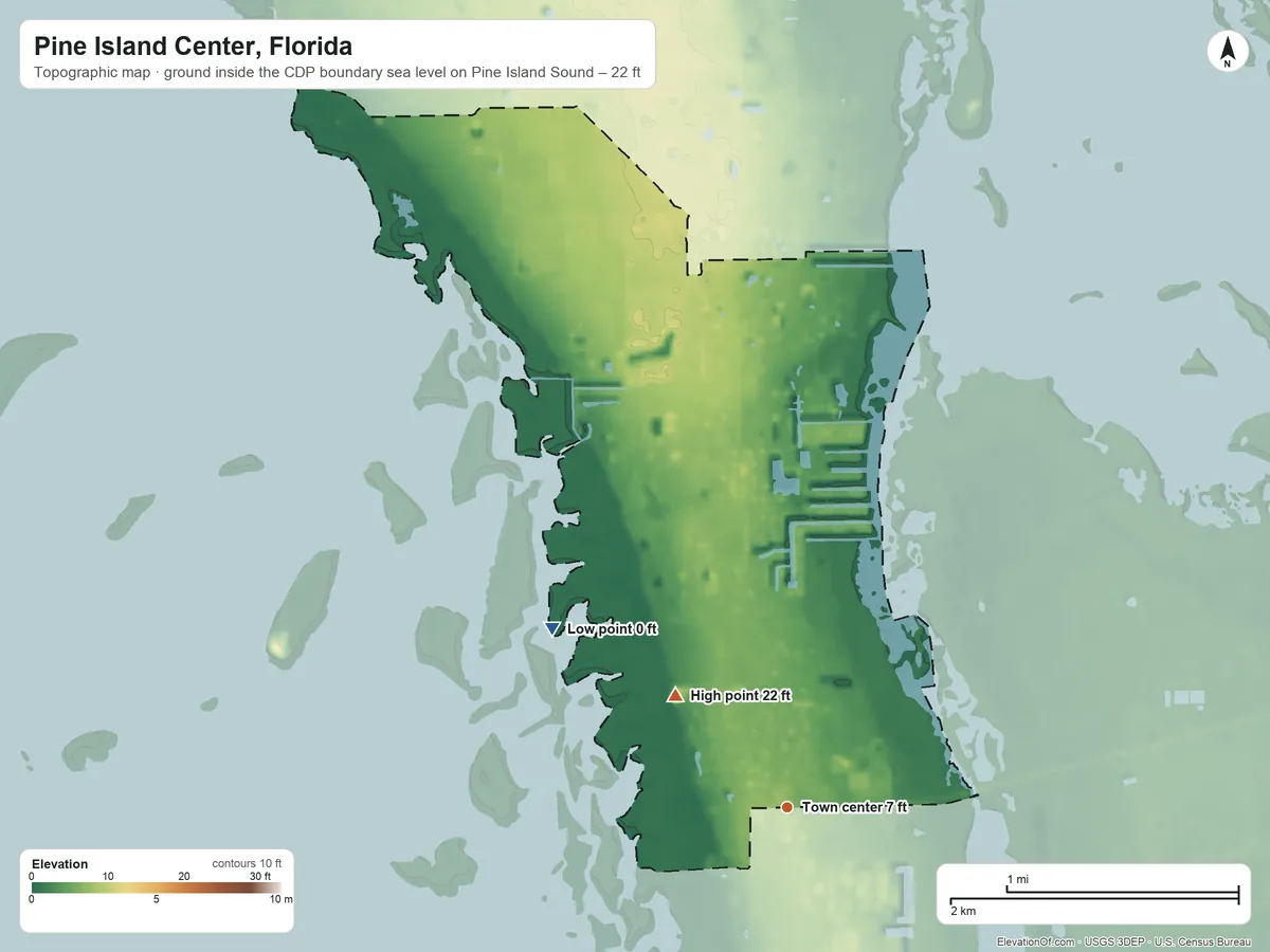 Topographic elevation map of Pine Island Center, Florida, shaded from sea level level on Pine Island Sound to 22 ft on the northwest side