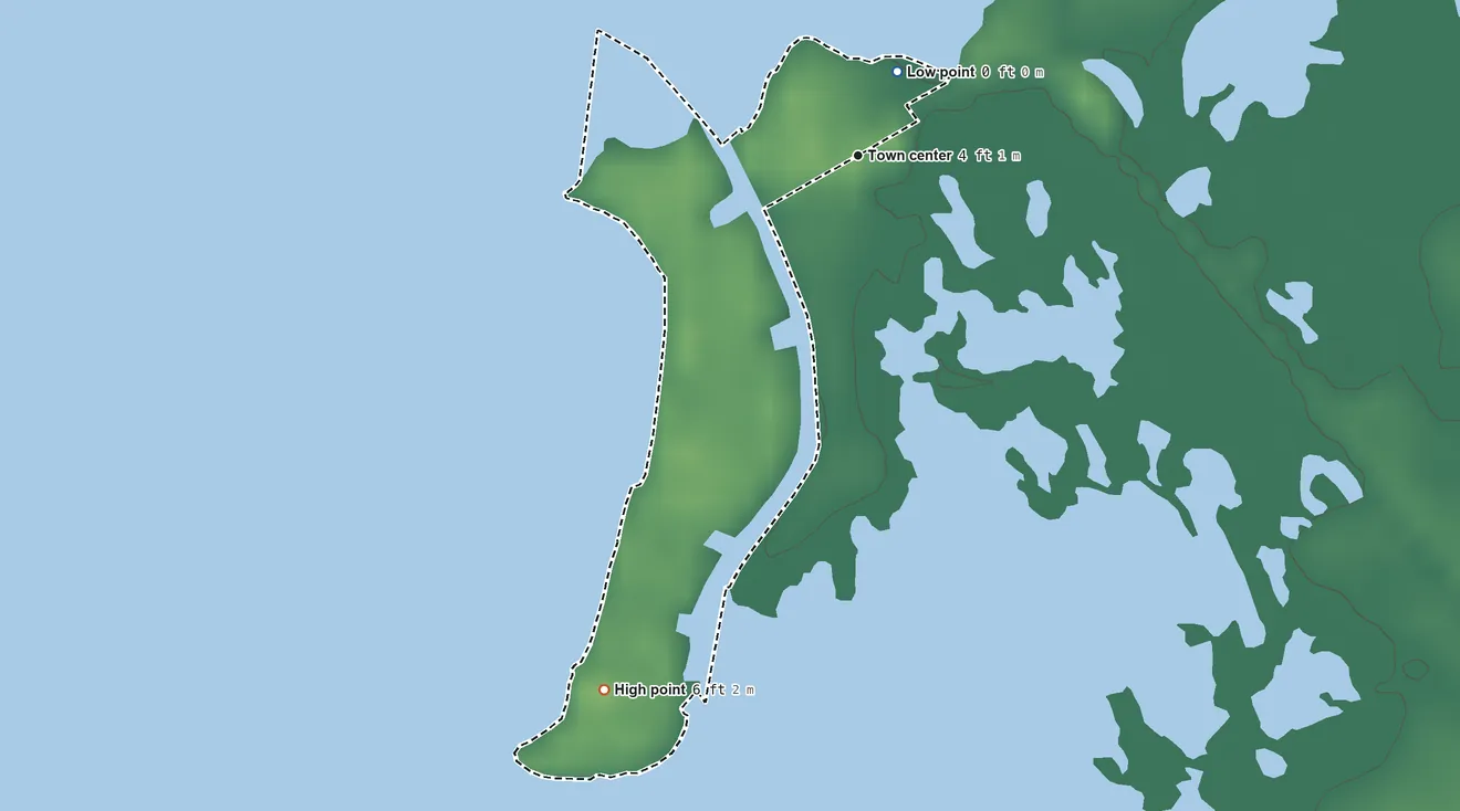 Topographic elevation map of Pine Island, Florida, shaded from sea level level on the Gulf of America to 6 ft on the southwest side