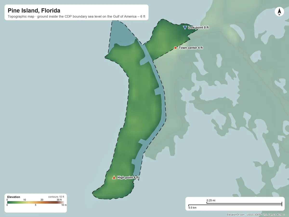 Topographic elevation map of Pine Island, Florida, shaded from sea level level on the Gulf of America to 6 ft on the southwest side